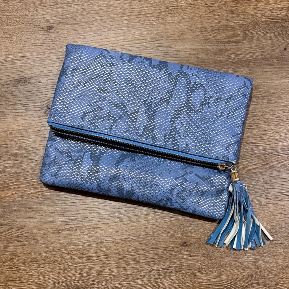 Tassel Zip Foldover Blue Snake Pattern Clutch